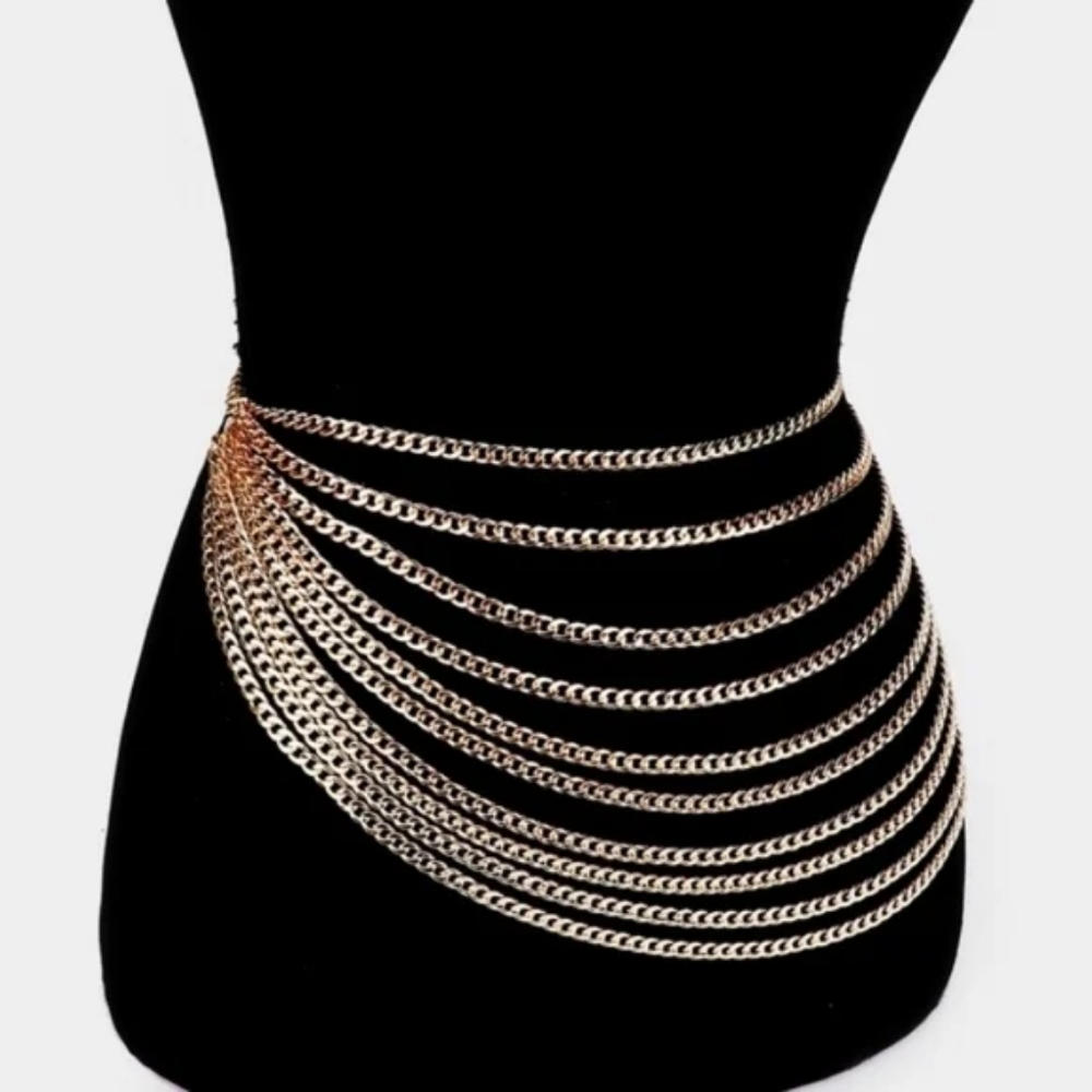 Gold Multi Layered Strand Metal Link Chain Belt Fashion Statement Accessories